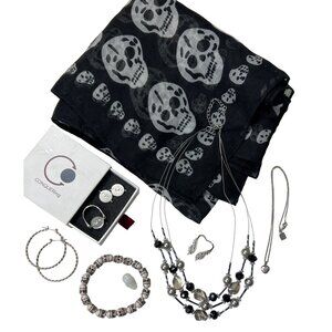 Mixed Gothic Jewelry 7-Piece Set W/ CONQUERing and Skull Scarf